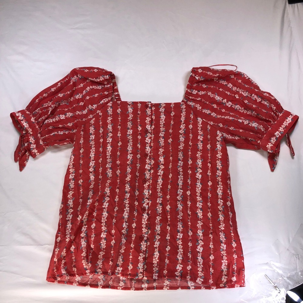 LC Lauren Conrad Red Floral Stripe Puff Sleeve Button Front Blouse Medium